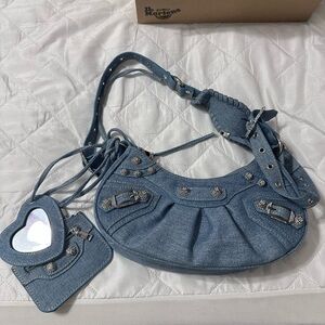 Denim Shoulder Bag with Heart Charm